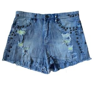Blank NYC Designer Cut Off Studded Denim Blue Jean Shorts
